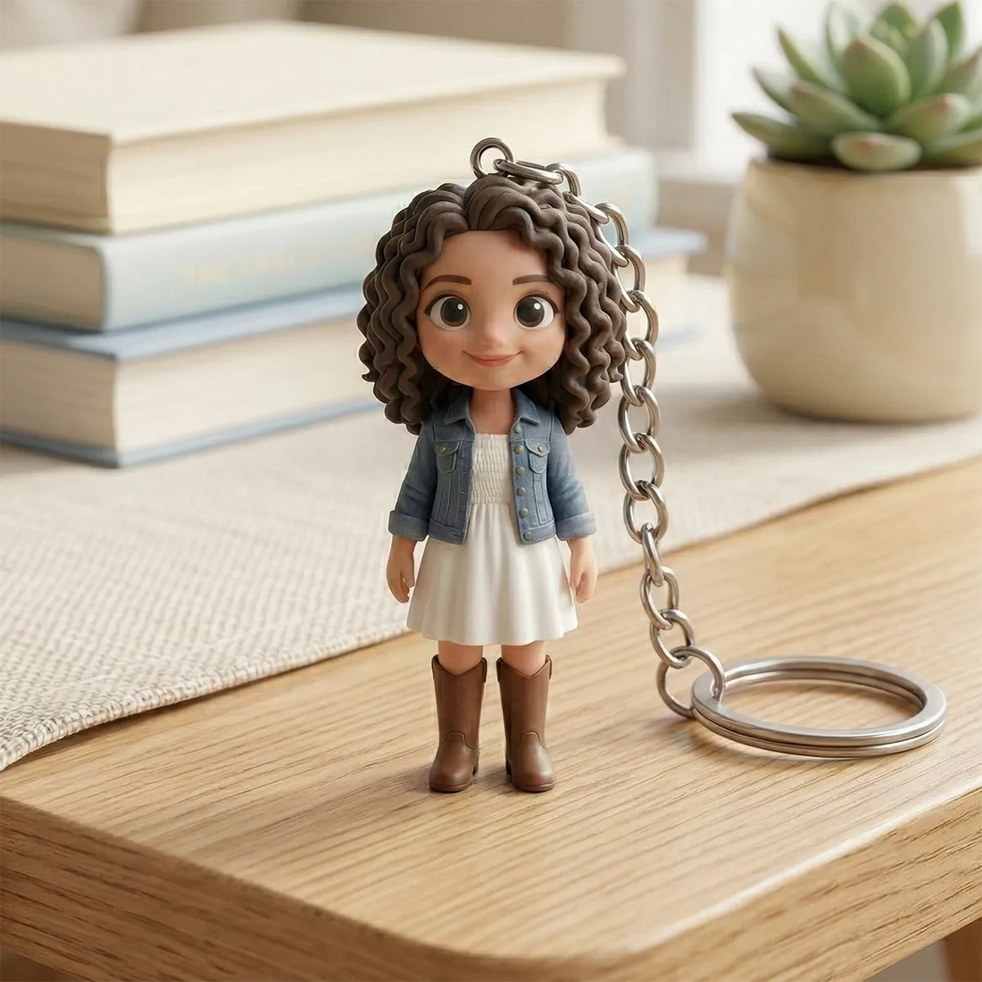 Personalized 3D figurine keychain mini me doll gift on wooden desk